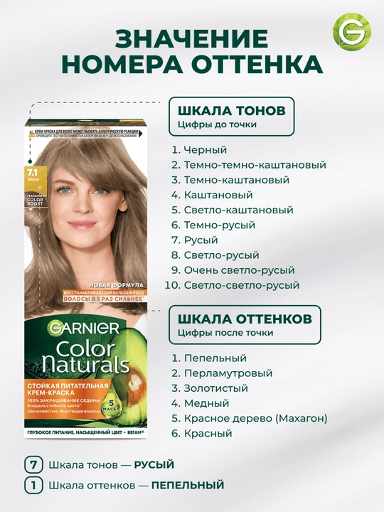 Garnier "Color Naturals" chidamli to‘yimli soch kremi bo‘yog‘i, 7.1 Olxa rangi