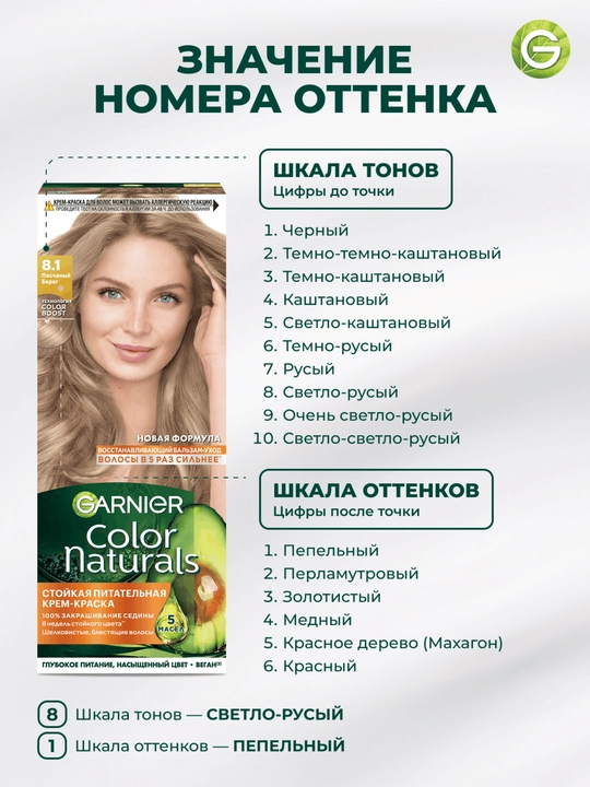 Garnier "Color Naturals" chidamli to‘yimli soch kremi bo‘yog‘i, 8.1 qumli ber tusi