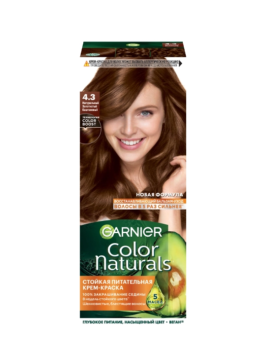 Garnier "Color Naturals" chidamli to‘yimli soch kremi bo‘yog‘i, 4.3 kulrang kasht