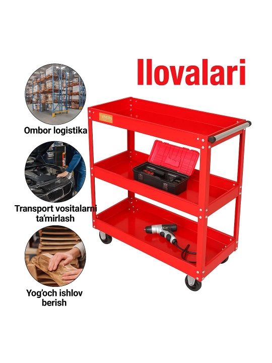 Asboblar aravachasi GS OPTIMUS 3 qavatli, harakatlanadigan g‘ildiraklar bilan