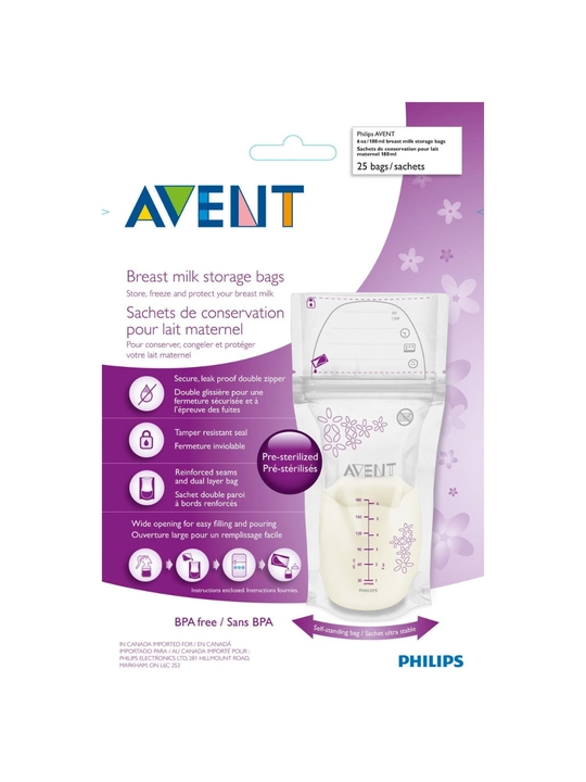 Philips Avent ona suti saqlash paketlari, SCF603/25, 180 ml, 25 dona, steril, BPA-free