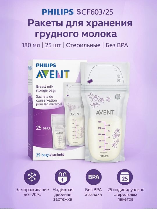 Philips Avent ona suti saqlash paketlari, SCF603/25, 180 ml, 25 dona, steril, BPA-free - 