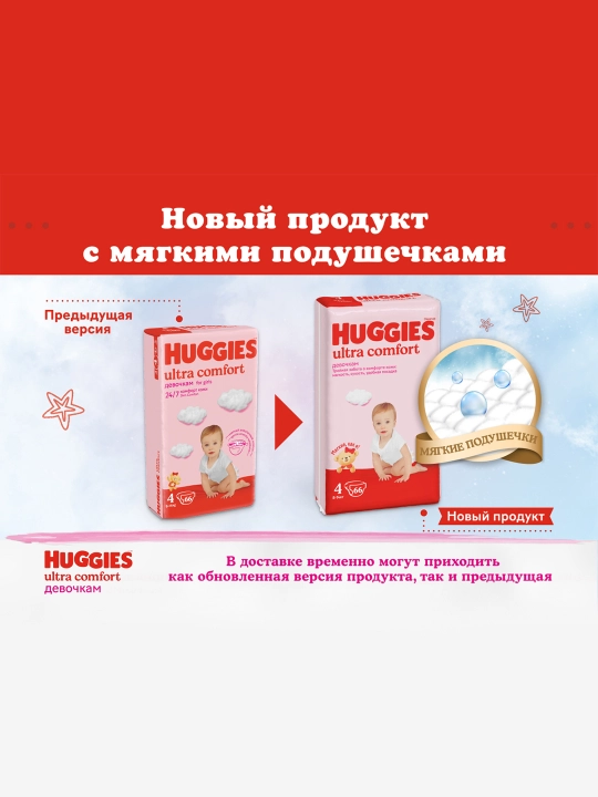 Подгузники Huggies Ultra Comfort для девочек 10-16кг, 4+ размер, 68шт