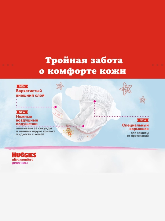 Подгузники Huggies Ultra Comfort для девочек 10-16кг, 4+ размер, 68шт
