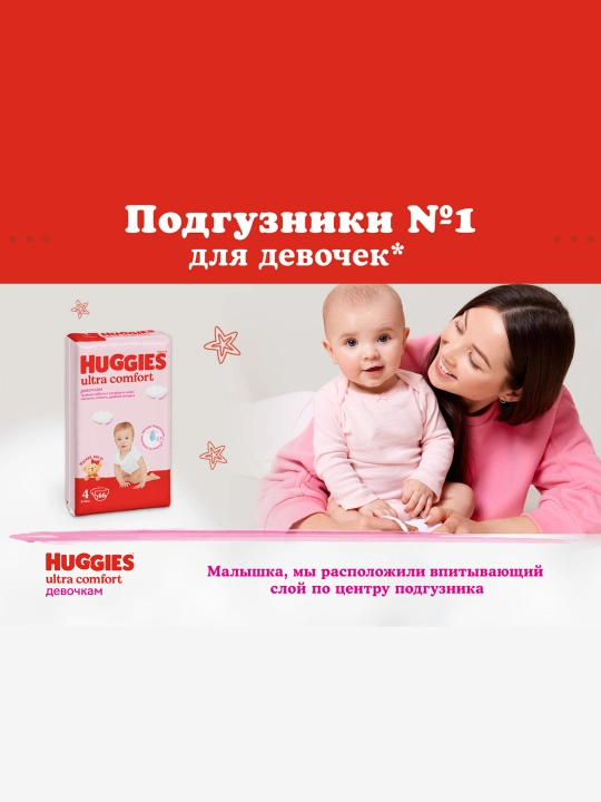 Подгузники Huggies Ultra Comfort для девочек 10-16кг, 4+ размер, 68шт