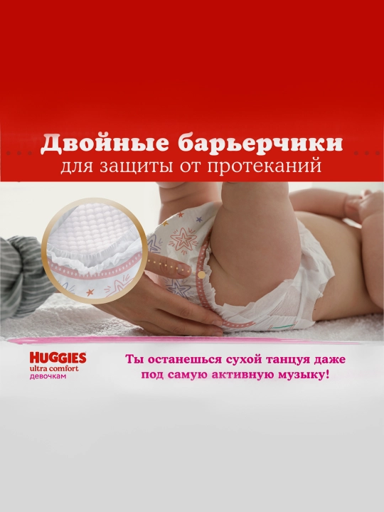 Подгузники Huggies Ultra Comfort для девочек 10-16кг, 4+ размер, 68шт