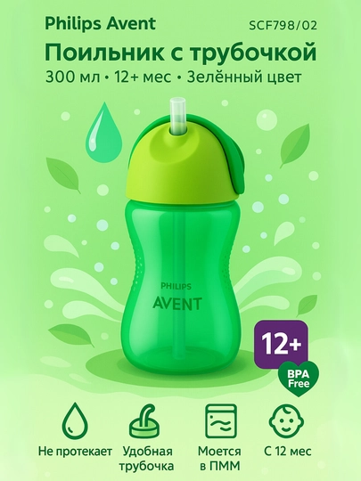 Поильник Philips Avent с трубочкой, 300 мл, 12+ месяцев, SCF798/02 — AVENT-POILNIK-ЛАЙМ