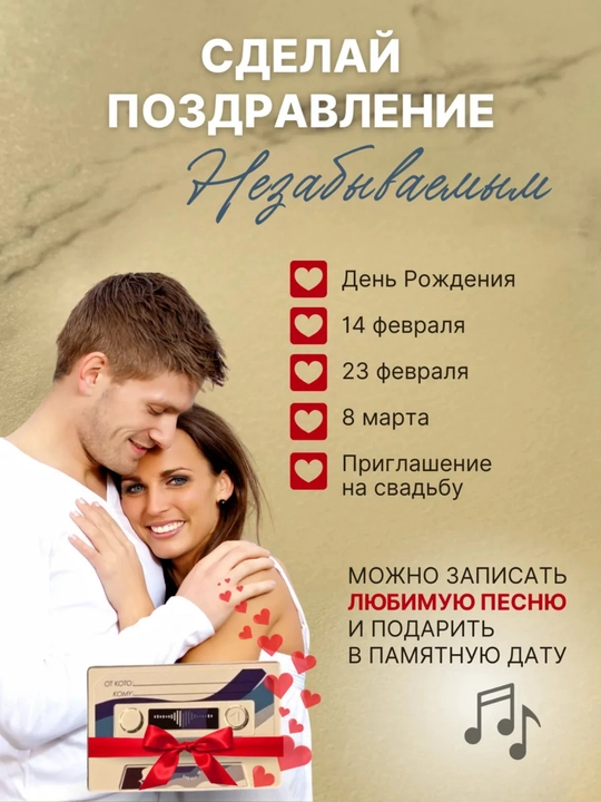 Аудио открытка-кассета с голосовой записью на 60 секунд, для пожеланий и поздравлений