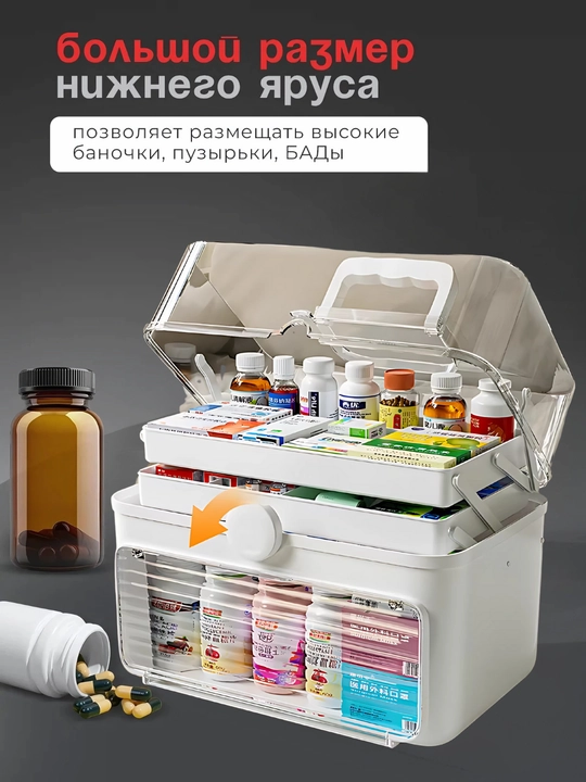 Органайзер для лекарств с прозрачной крышкой, 3 отделения, размер 35×26.3×22.5 см