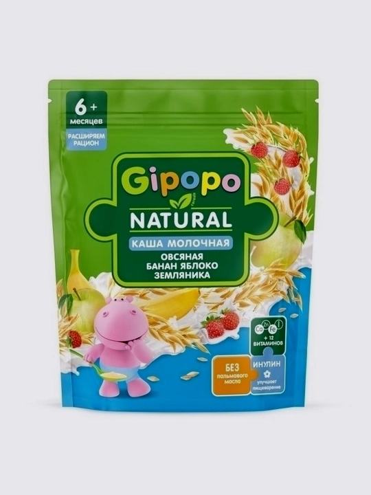 Quruq sutli bo'tqa GIPOPO (Gipopo) jo'xori uni banan, olma, qulupnay 170 g - 