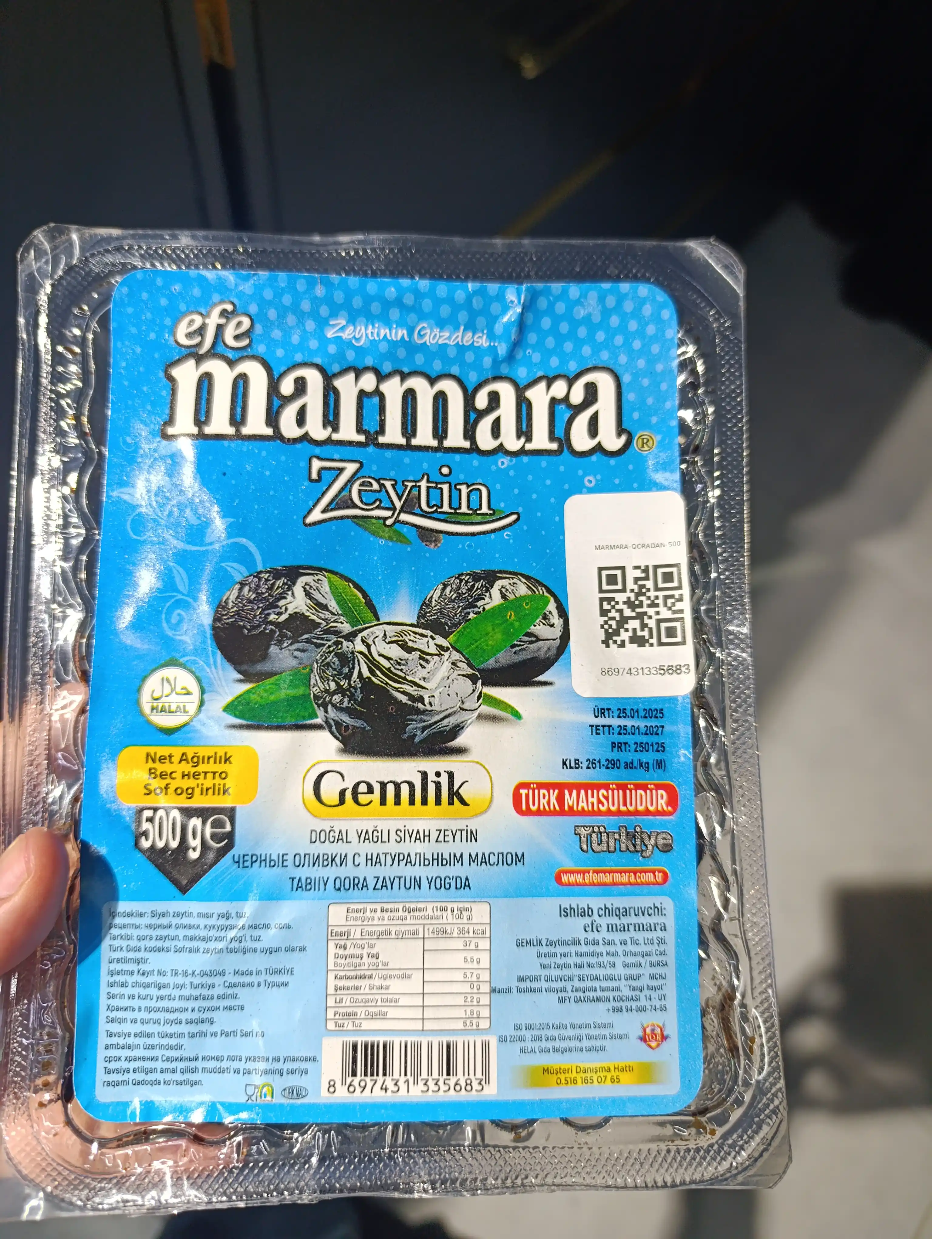 Turkiyaning qora zaytun danakli, vakuum qadoqda, Efe marmara