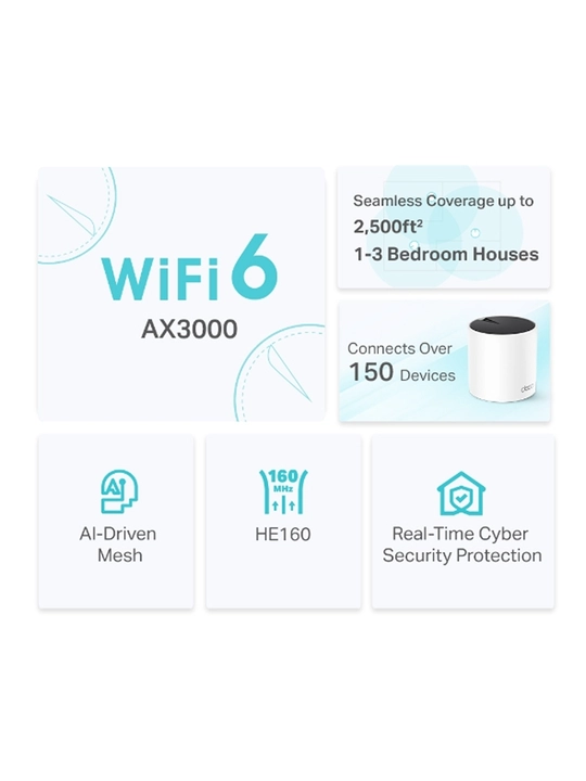 TP-Link  Deco X55 Wi-Fi 6 Mesh роутер - 1,2 yoki 3 ta qurilmali to‘plam, keng qamrov uchun