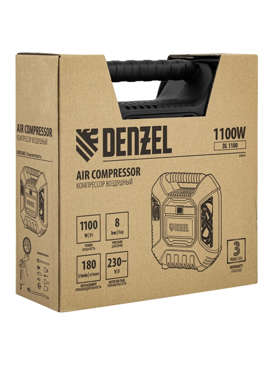 Havo kompressori DENZEL DL1100, 1,1 kVt, 180 l/daq, aksessuarlar to‘plami bilan, 58005