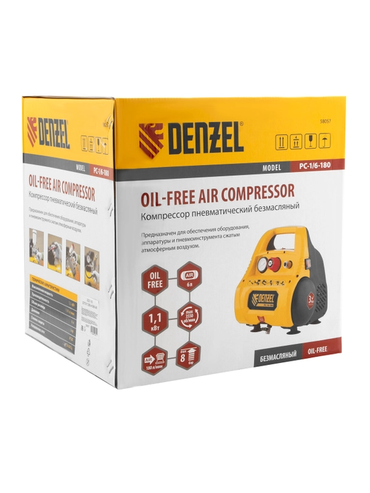 Kompressor havo, DENZEL PC 1/6-180, 1.1 kVt, 180 l/min, 6 litr, yog‘siz, 58057