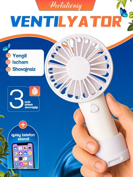 Mini ventilyator USB quvvatlash va telefon ushlagich, 2 tasi 1 da LED