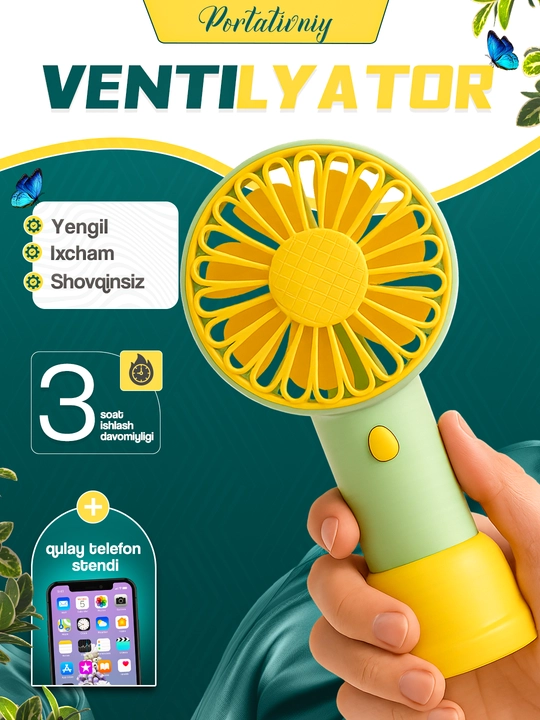 Mini ventilyator USB quvvatlash va telefon ushlagich, 2 tasi 1 da LED