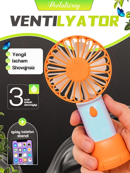 Mini ventilyator USB quvvatlash va telefon ushlagich, 2 tasi 1 da LED