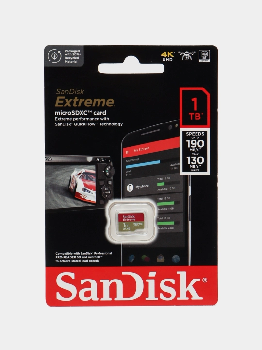Sandisk Extreme microSDXC 128/256/512/1024GB hotira kartasi, 190Mbit/s A2, V30, 4K, U3 10c