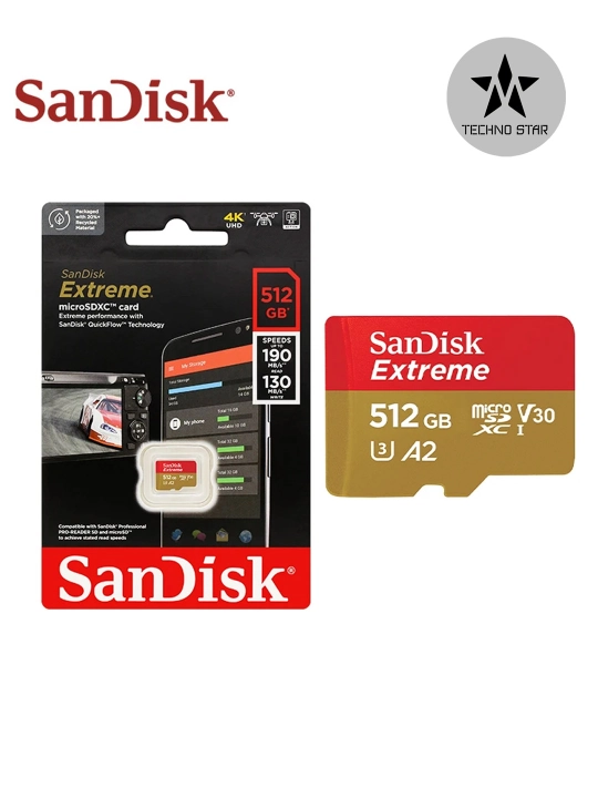 Sandisk Extreme microSDXC 128/256/512/1024GB hotira kartasi, 190Mbit/s A2, V30, 4K, U3 10c