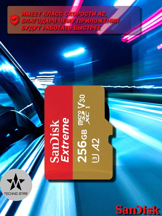 Sandisk Extreme microSDXC 128/256/512/1024GB hotira kartasi, 190Mbit/s A2, V30, 4K, U3 10c