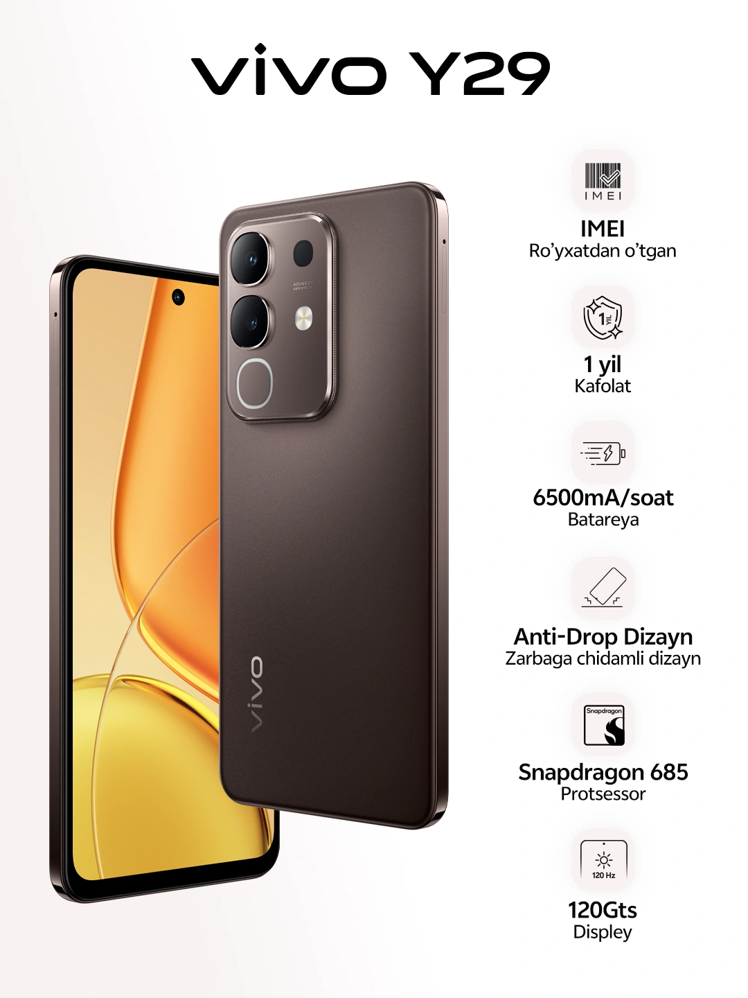 Смартфон Vivo Y29 8GB RAM, 128/256GB памяти, 6500mAч, 44W за 2650000 сум со скидкой 12%. Uzum Market