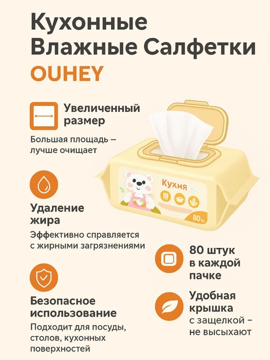 Antiyog‘, sirkali va dog‘ ketkazuvchi nam salfetkalar oshxona va mebel uchun mo‘ljallangan