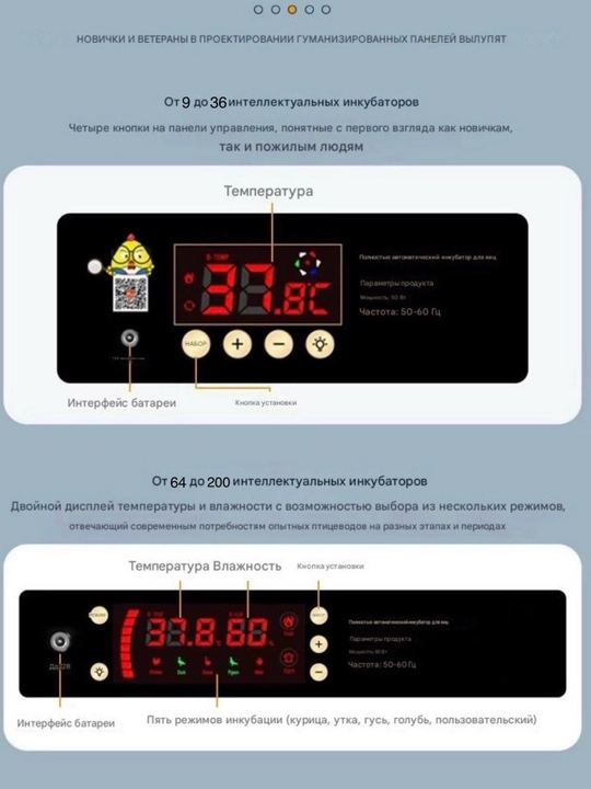 Инкубатор для яиц на 9/12/24/36/64/100/128/200, работает от 12В и 220В