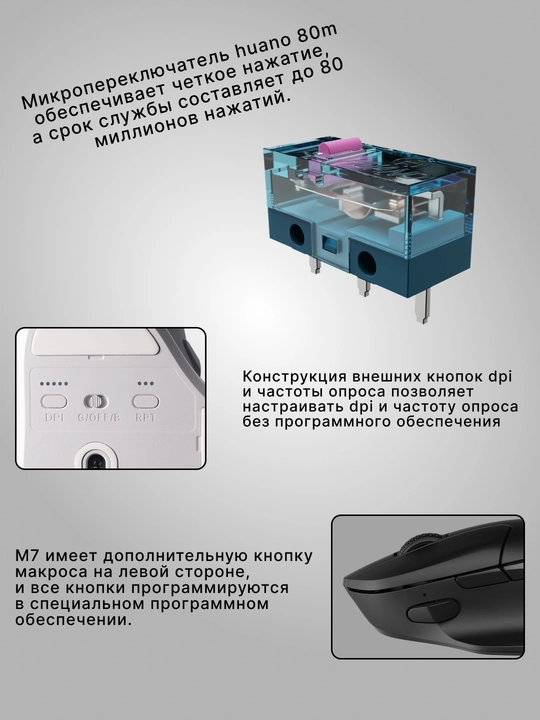 Keychron simsiz o‘yin sichqonchasi M7 BT/WL/USB-A/USB-C, 1K, 66g, 140 soatgacha, M7A1A3