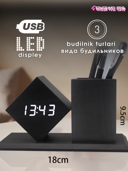Aqlli elektron stol soati, budilnik, termometr va USB port bilan