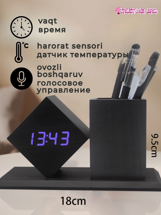 Aqlli elektron stol soati, budilnik, termometr va USB port bilan