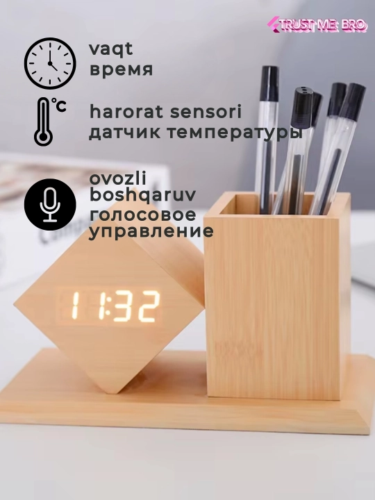 Aqlli elektron stol soati, budilnik, termometr va USB port bilan