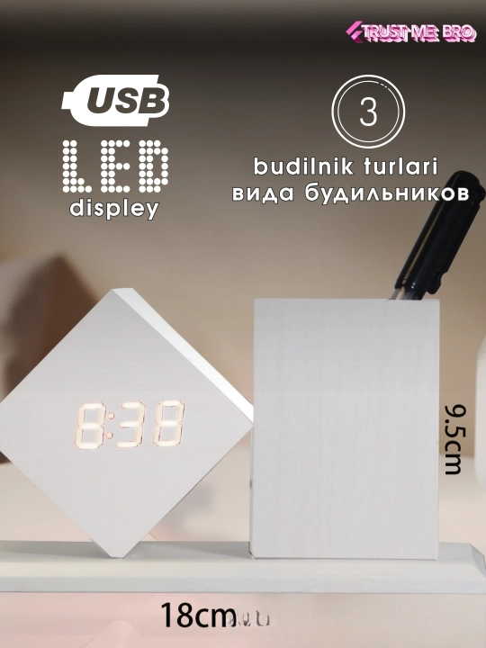 Aqlli elektron stol soati, budilnik, termometr va USB port bilan
