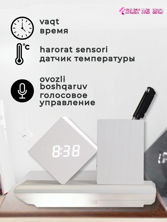 Aqlli elektron stol soati, budilnik, termometr va USB port bilan