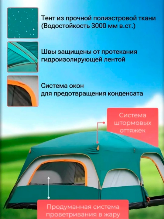 Палатка туристическая с тамбуром, с навесом, 3-5, 5-8, 6-10 местная, шатер