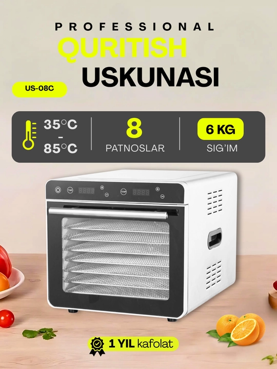 Сушилка для овощей и фруктов Uskunalar.uz US-8, с 8 поддонами - 