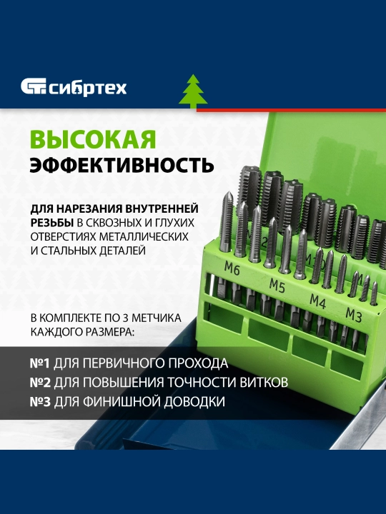 Набор метчиков СИБРТЕХ для нарезания резьбы М3-М12, 21 предмет, 77307