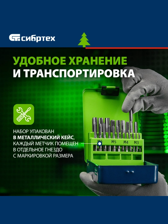 Набор метчиков СИБРТЕХ для нарезания резьбы М3-М12, 21 предмет, 77307