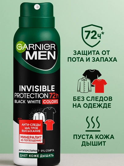 Garnier MEN deodorant spreyi, ko'rinmas, qora-oq rangli, 150 ml - 