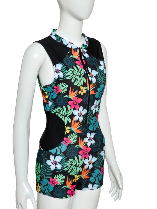 Bir bo‘lakli suzish kostyumi AlohaWave TropicZip, tropik print, UPF 50+