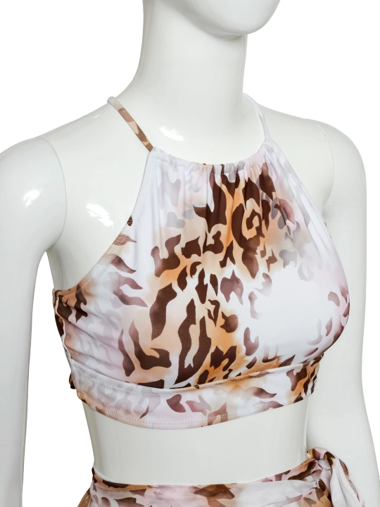 Suzish kiyimi SilkWave SafariChic leopar printli 3-in-1 set, yuqori bel XS-XL