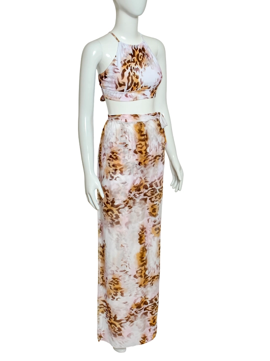 Suzish kiyimi SilkWave SafariChic leopar printli 3-in-1 set, yuqori bel XS-XL