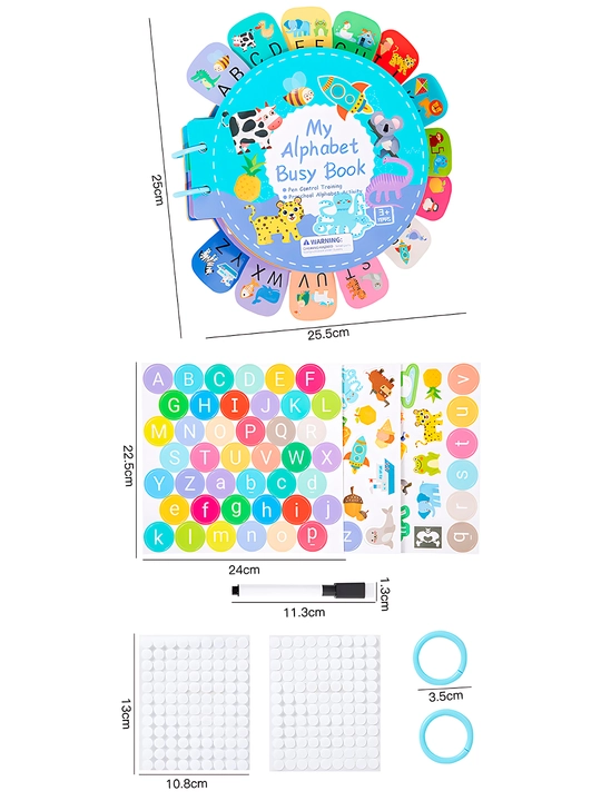 Bolalar uchun o'quv kitobi va alifbosi Busybook, lipuchkali Montessori kitobi