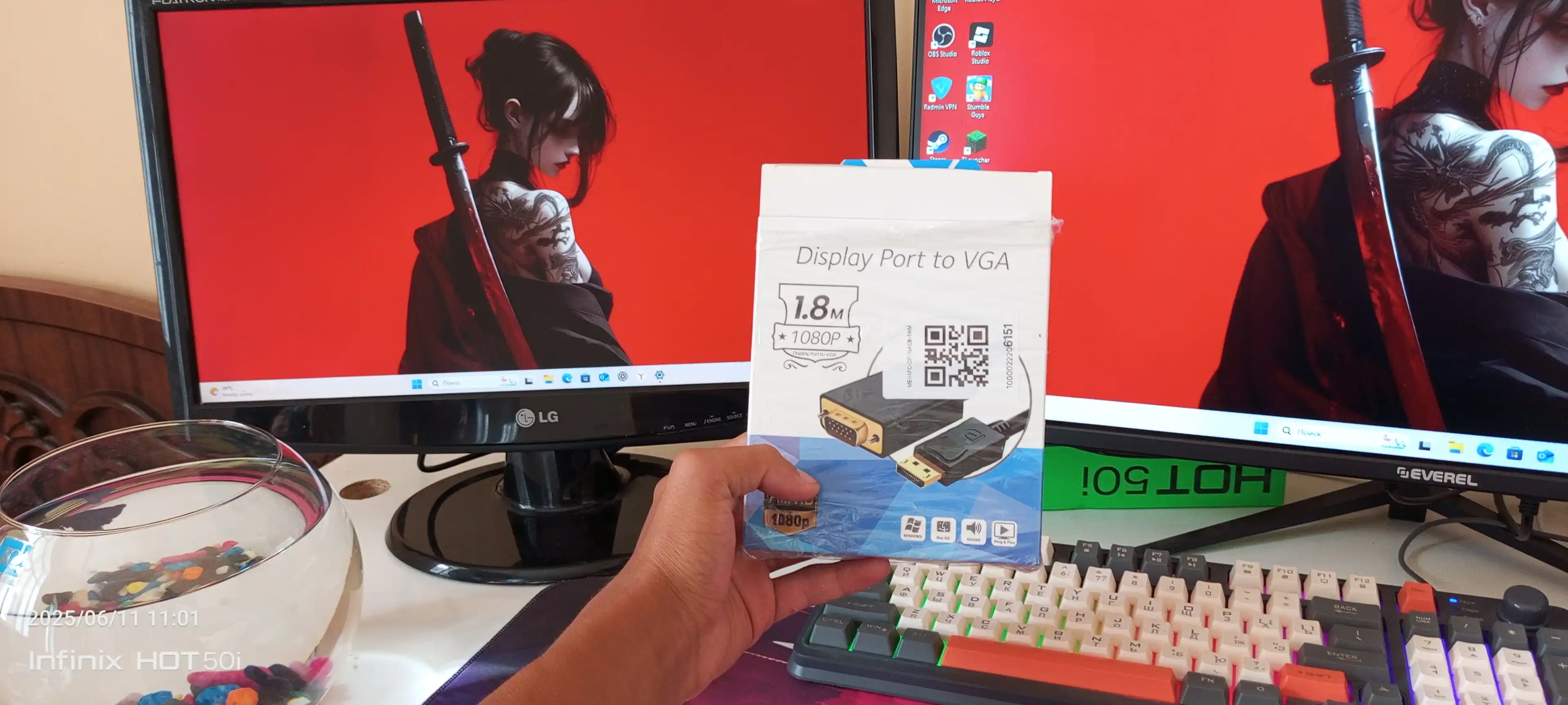 O‘tish kabeli, DisplayPort VGA konverteri, standart, 1.8 m