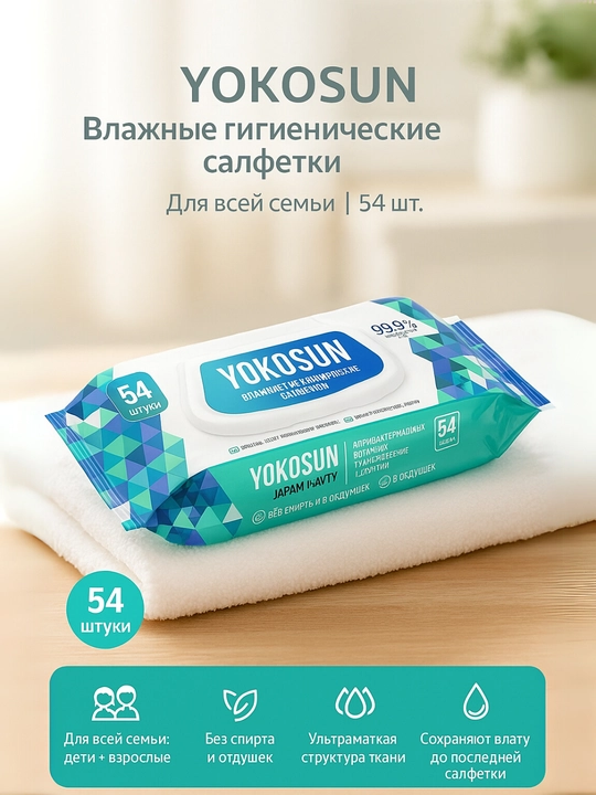 Антибактериальные влажные салфетки YokoSun для всей семьи, 54/108 шт - 