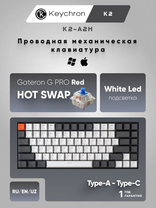 Беспроводная игровая клавиатура Keychron K2 84Key Gateron G PRO, BT/WL, Hot-Swap K2A1H - 