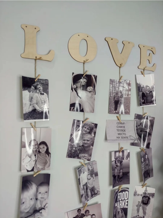 Moodboard LED chiroq bilan, foto panel qisqichli, yog‘och surat ushlagich yoritgich bilan