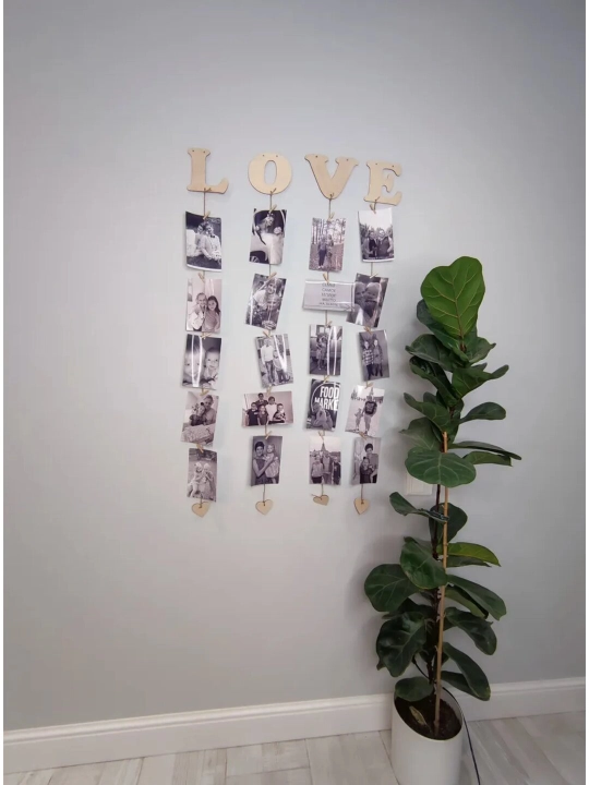 Moodboard LED chiroq bilan, foto panel qisqichli, yog‘och surat ushlagich yoritgich bilan