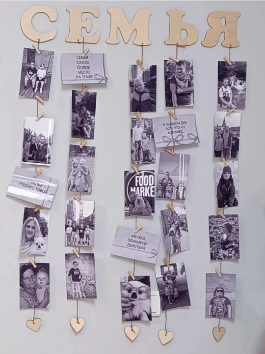 Moodboard LED chiroq bilan, foto panel qisqichli, yog‘och surat ushlagich yoritgich bilan
