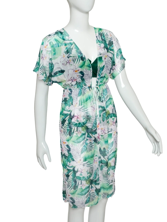 Suzish kiyimi AquaRio tropik naqshli to‘plam, yengil kimono bilan, XS-XL, bifleks - 