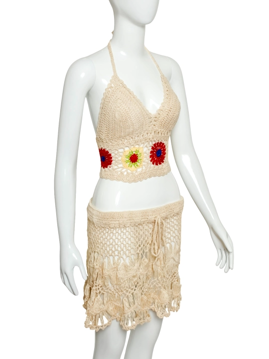 Suzish kiyimi Gypsy qo‘l to‘qilgan boho to‘plam, crochet top + yubka, S-XXL